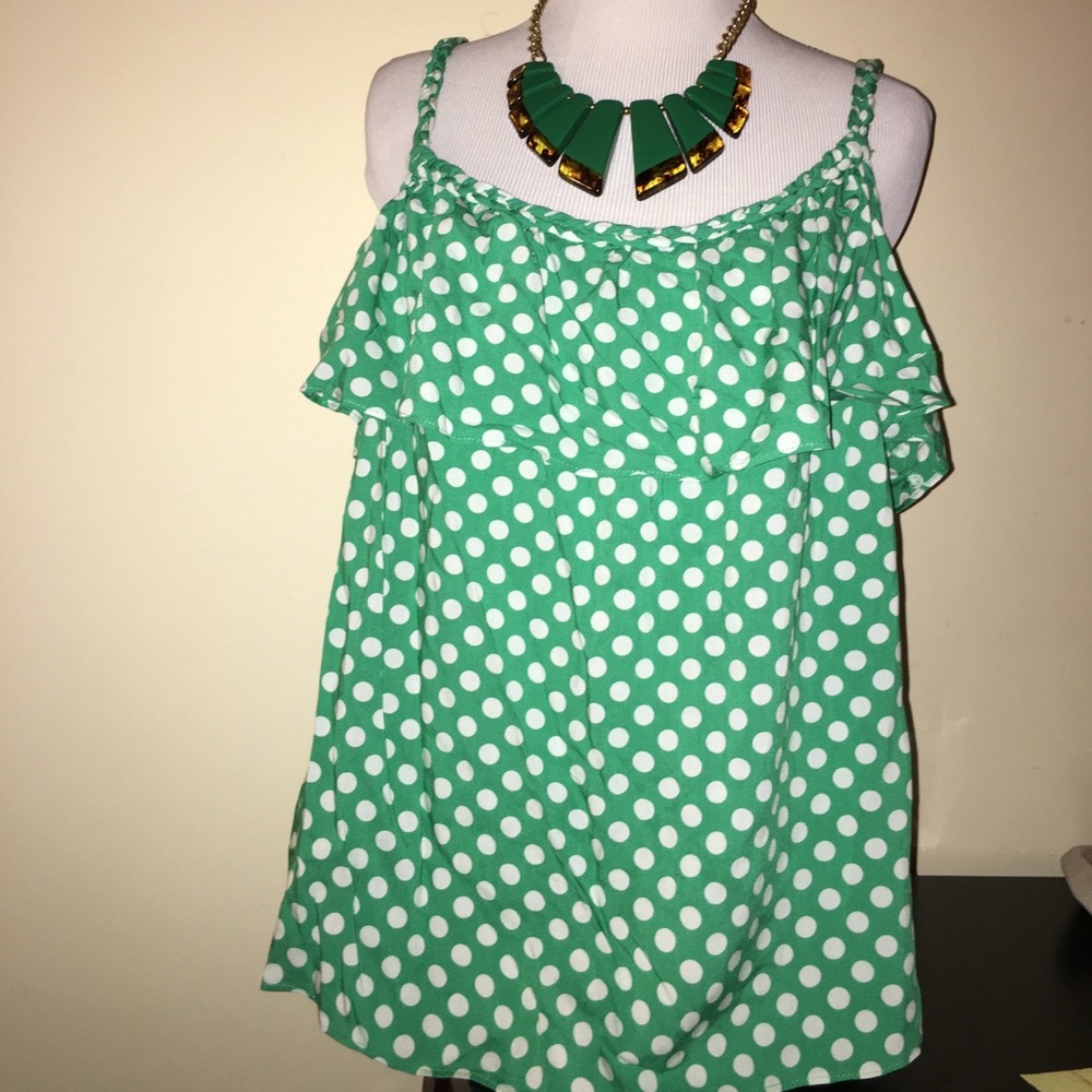 New Chelsea & Violet Women's Green White Polka Dot Ruffle Braided Strap Tank